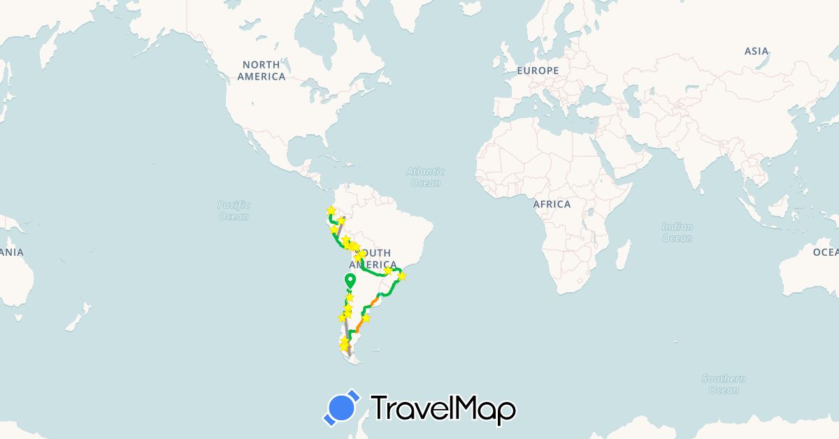 TravelMap itinerary: driving, bus, plane, hiking, boat, hitchhiking in Argentina, Bolivia, Brazil, Chile, Colombia, Ecuador, Spain, France, Peru, United States, Uruguay (Europe, North America, South America)