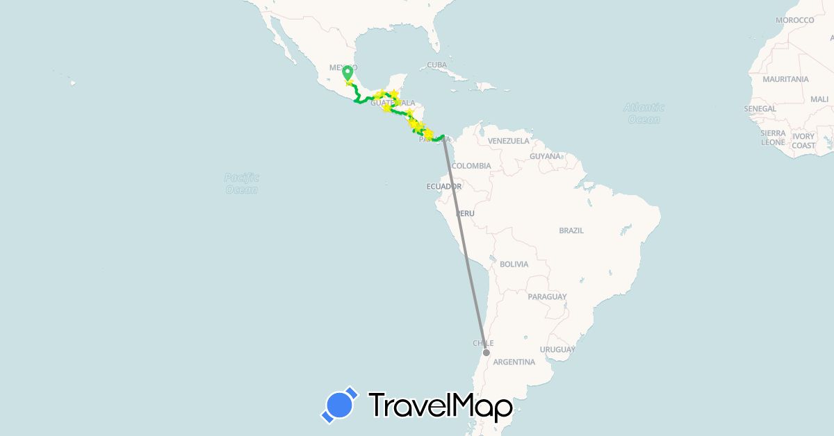 TravelMap itinerary: driving, bus, plane, boat in Chile, Costa Rica, Guatemala, Mexico, Nicaragua, Panama (North America, South America)
